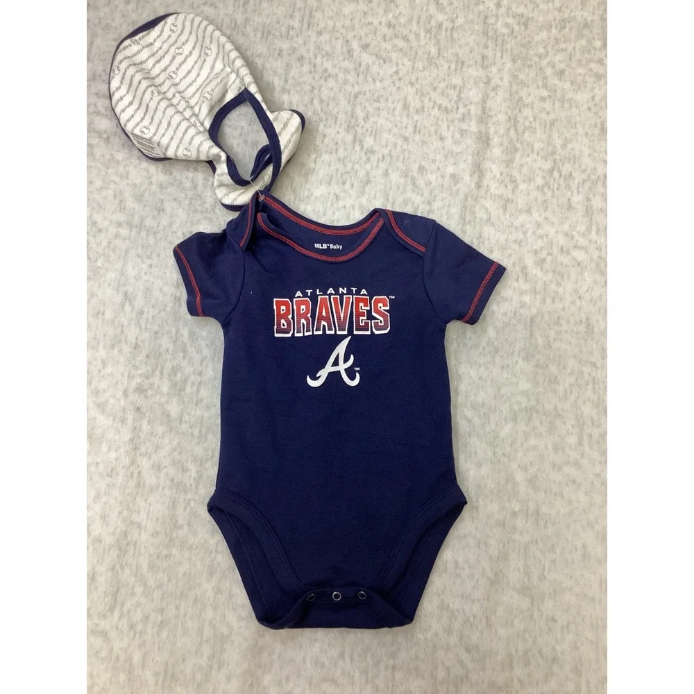 MLB Baby Atlanta Braves Navy Blue Bodysuit‎ and Bib Set Newborn NB NWOT